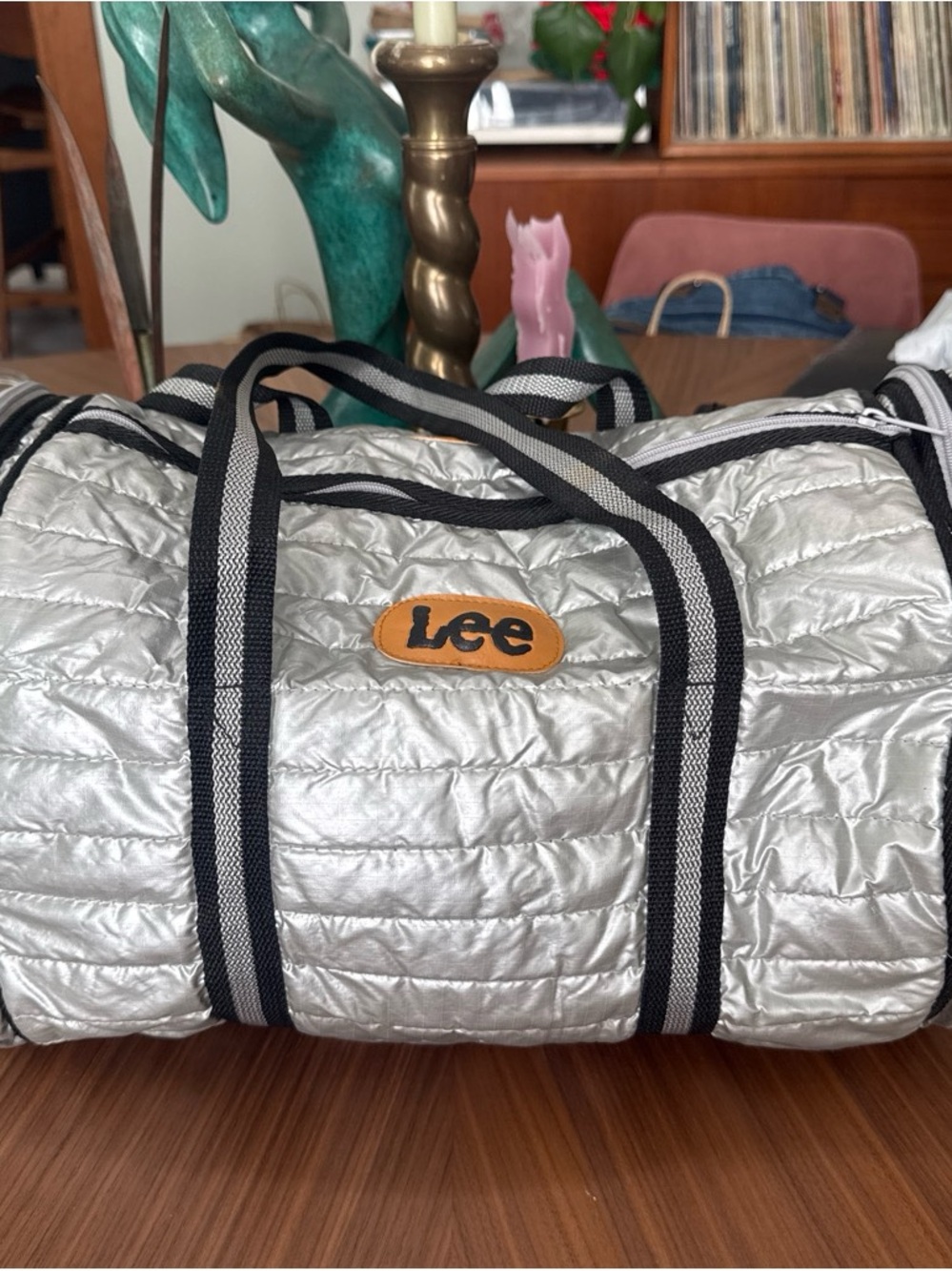 Vintage Lee Silver Quilted mini Weekend Duffle with Black-Trim Straps